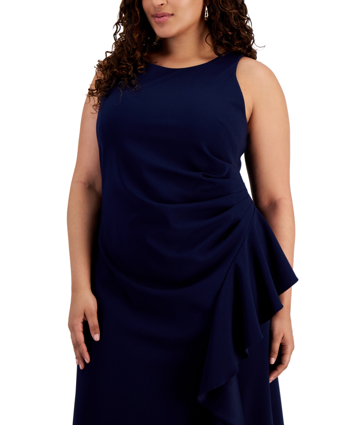 Shop Alex Evenings Plus Size Side-ruffle Sleeveless Gown In Navy
