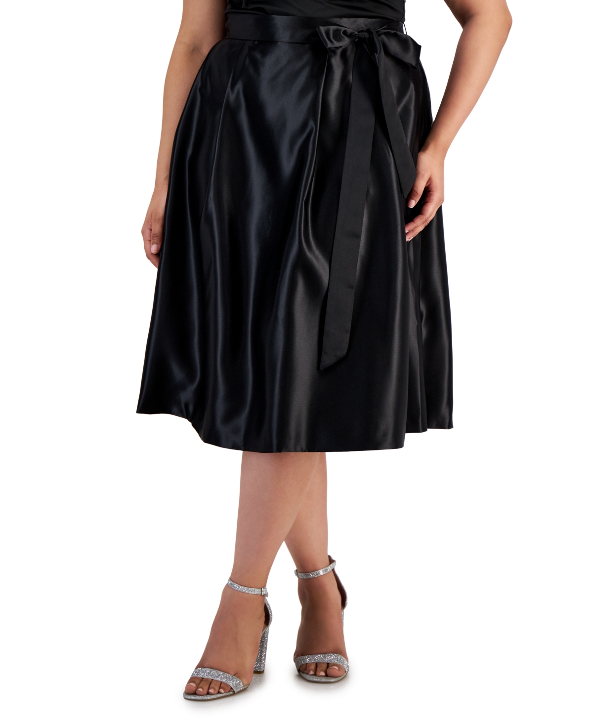Plus Size Belted Satin A-Line Midi Skirt - Black