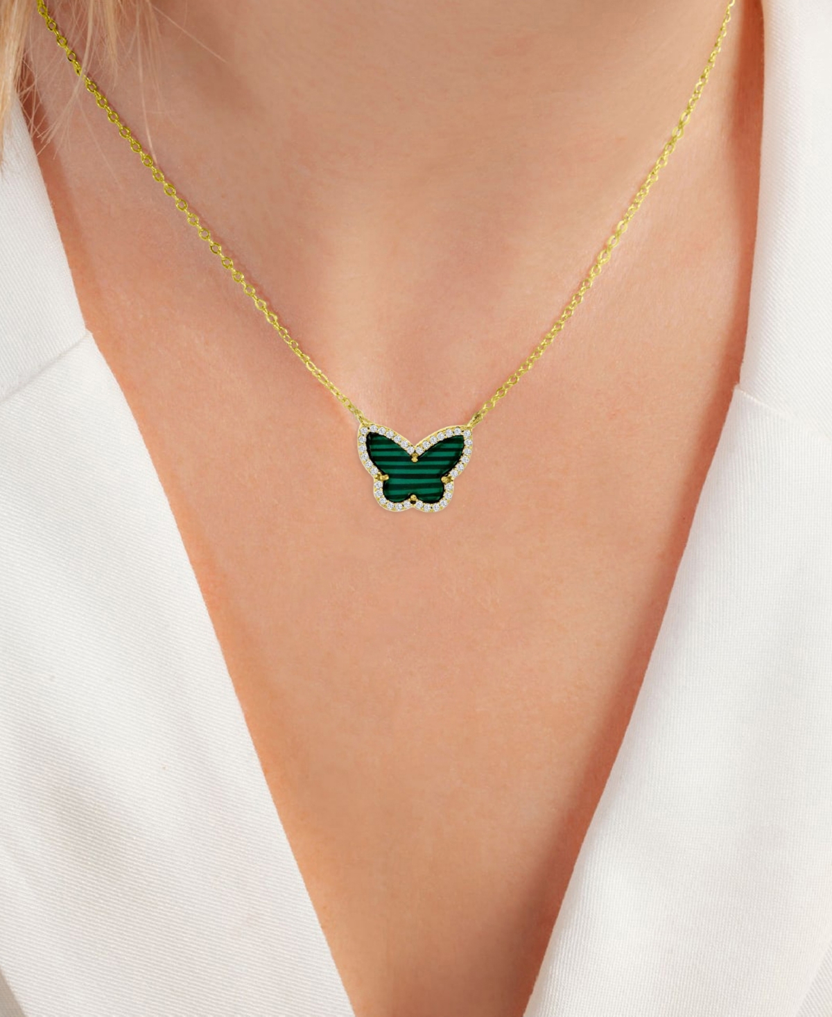 Shop Macy's Simulated Malachite & Cubic Zirconia Butterfly Pendant Necklace In 14k Gold-plated Sterling Silver, 
