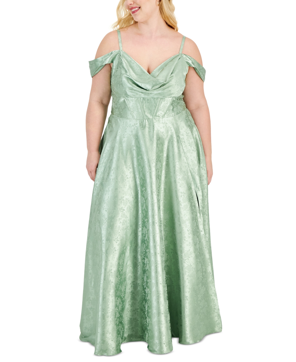 B Darlin Trendy Plus Size Off-the-shoulder Satin Jacquard Gown In Sage