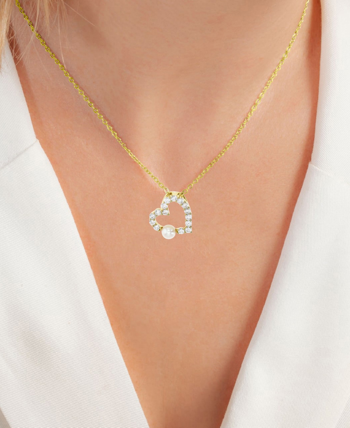 Macy's Cubic Zirconia & Imitation Pearl Open Heart Pendant Necklace In 14k Gold-plated Sterling Silver, 16" In Gold