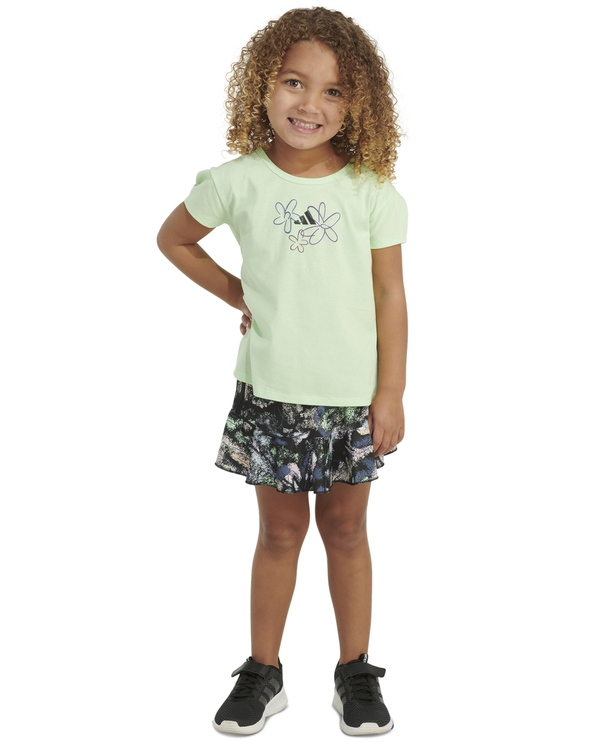 Adidas Originals Kids' Little & Toddler Girls T-shirt & Printed Ruffle Skort, 2 Piece Set In Semi Green Spark