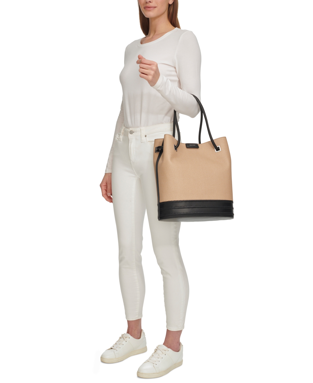 Shop Calvin Klein Ash Whip-stitch Tote With Magnetic Closure In Black Natura