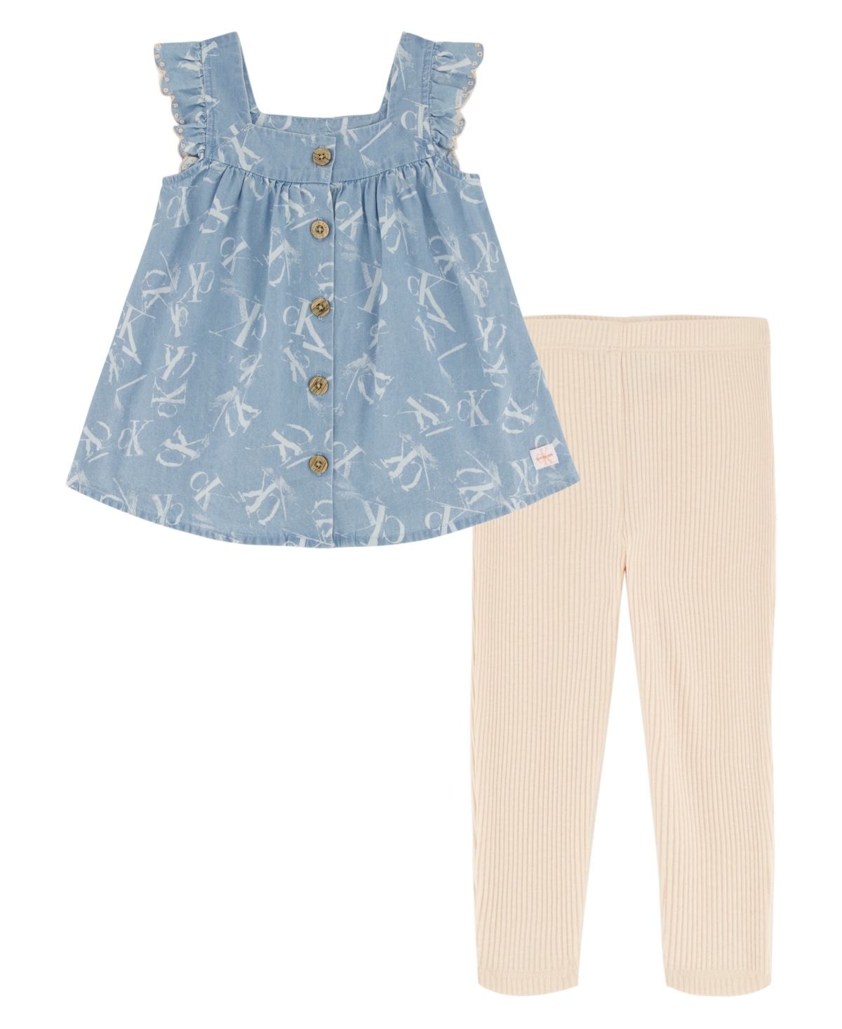 Calvin Klein Kids' Little Girls Button-front Denim Tunic And Slub Ribbed Capri Leggings, 2 Piece Set In Blue