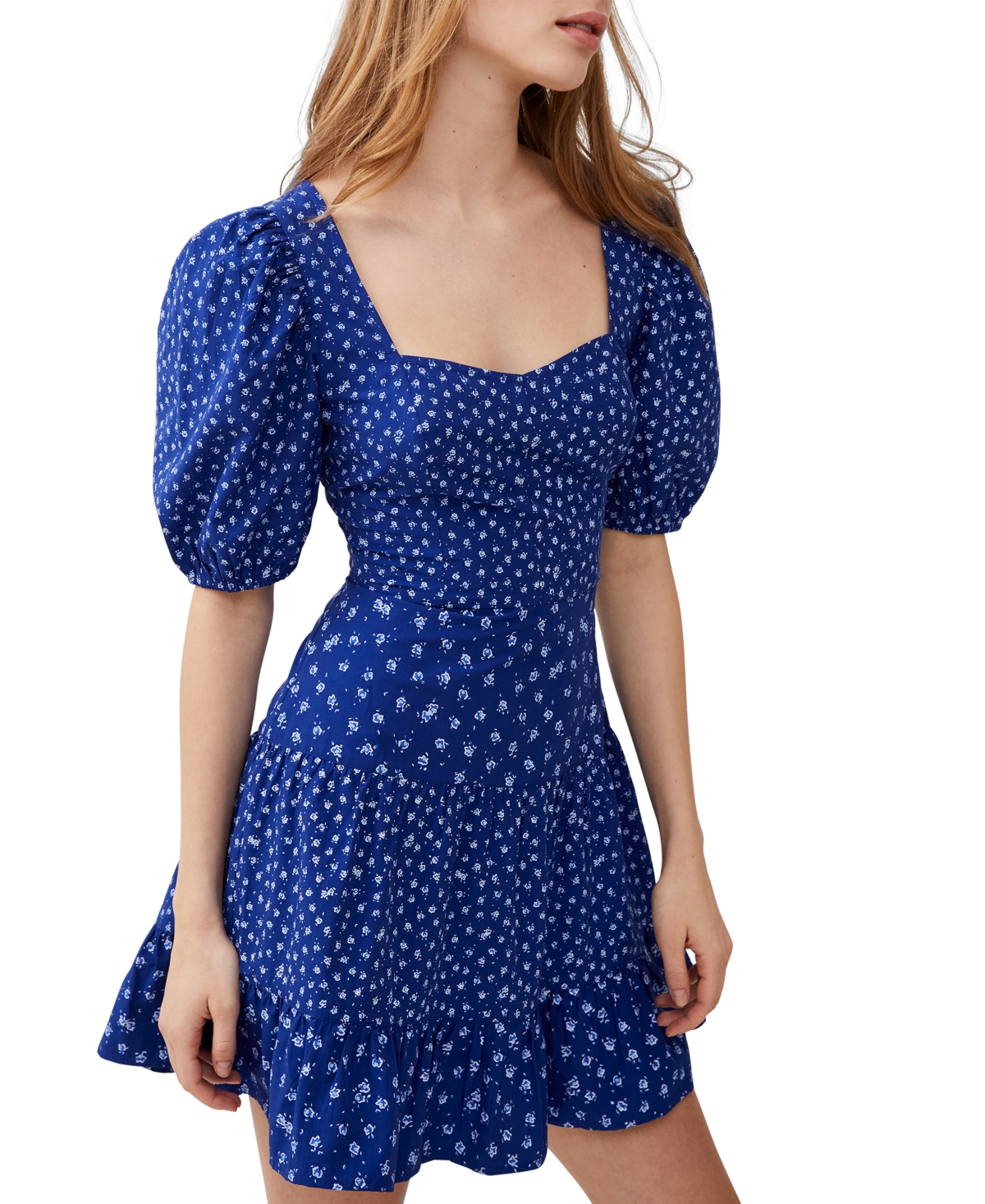 Women's Printed Puff-Sleeve A-Line Dress - Cobalt