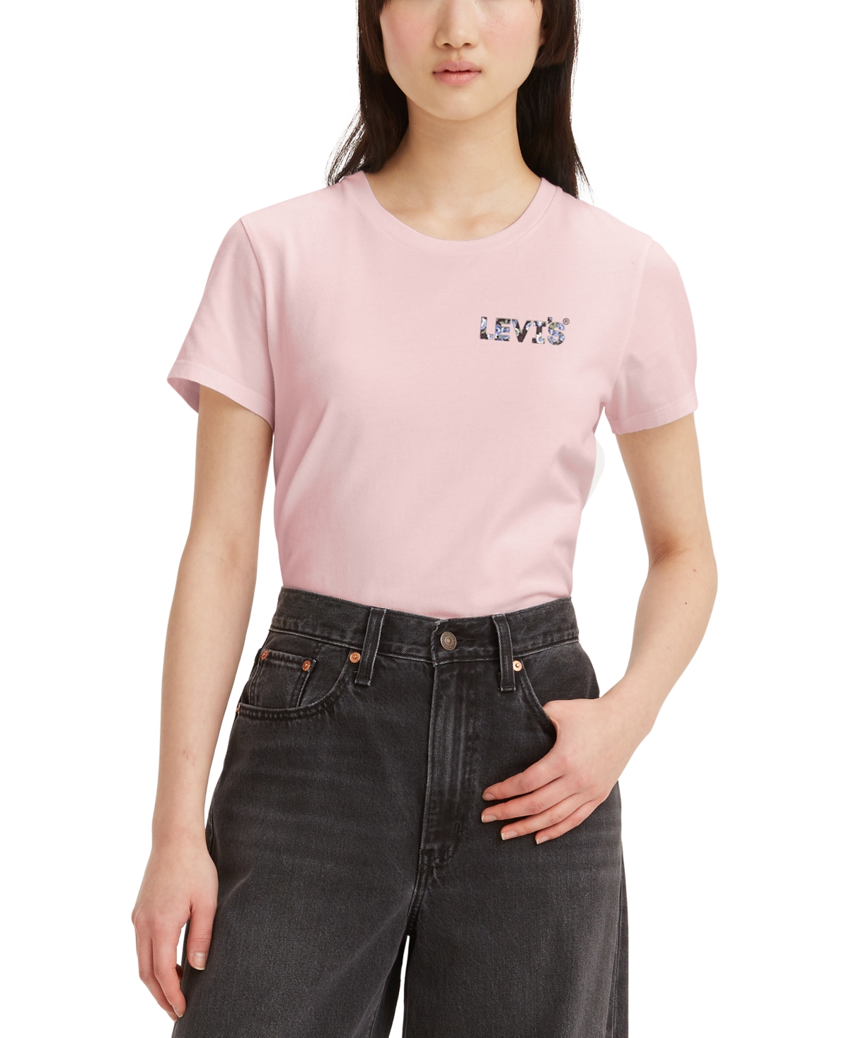 Levi's Women's Perfect Graphic Logo Cotton T-shirt In Modest Dressing Headline Logo Chalk Pink