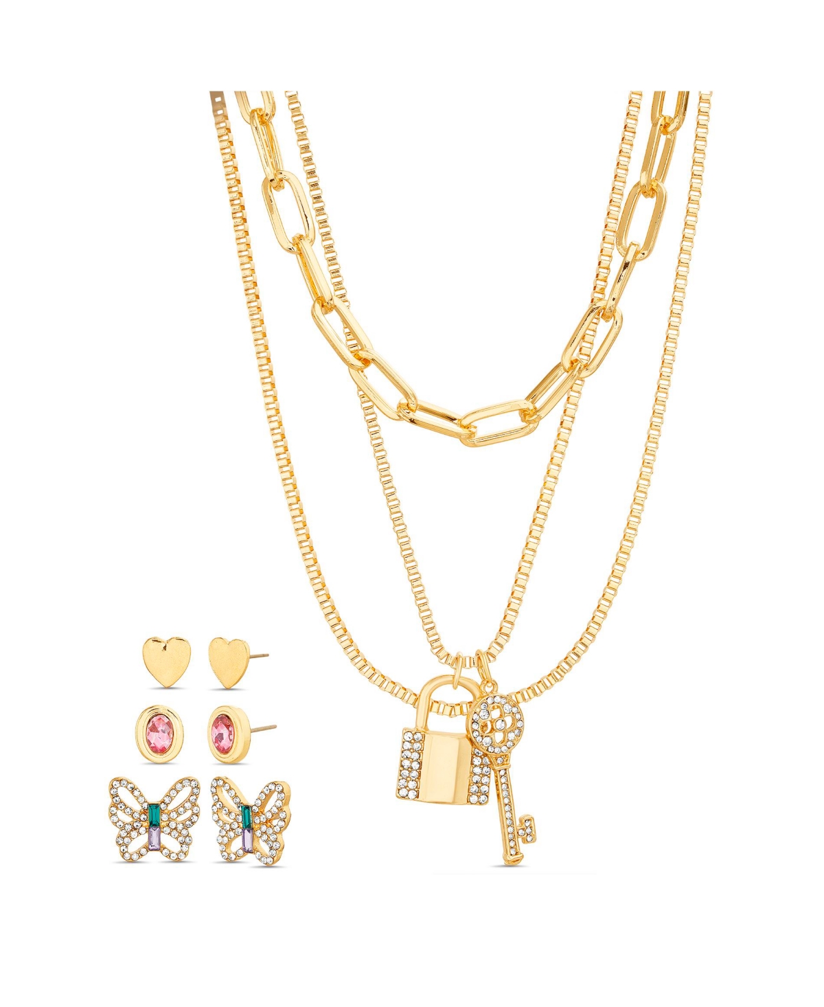 Gold-Tone 3-Row Necklace with Key and Lock Pendants and 3 Pair of Earrings Set - Gold