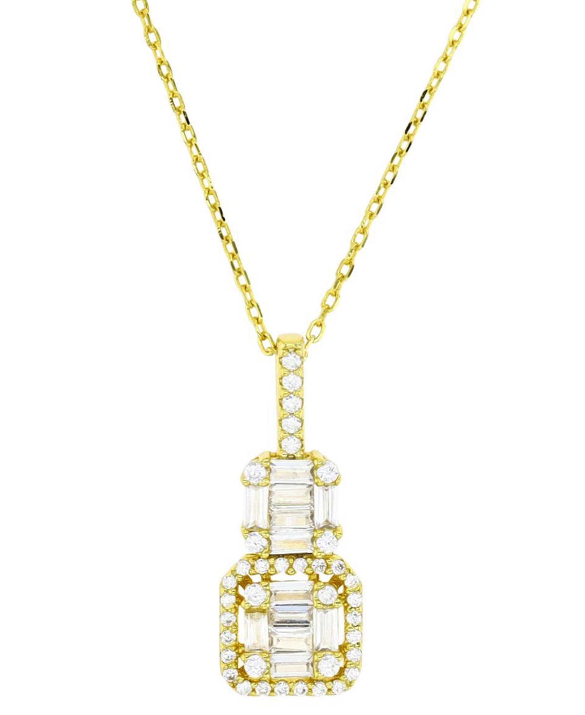Macy's Cubic Zirconia Round & Baguette Double Cluster Pendant Necklace In 14k Gold-plated Sterling Silver, In Gold