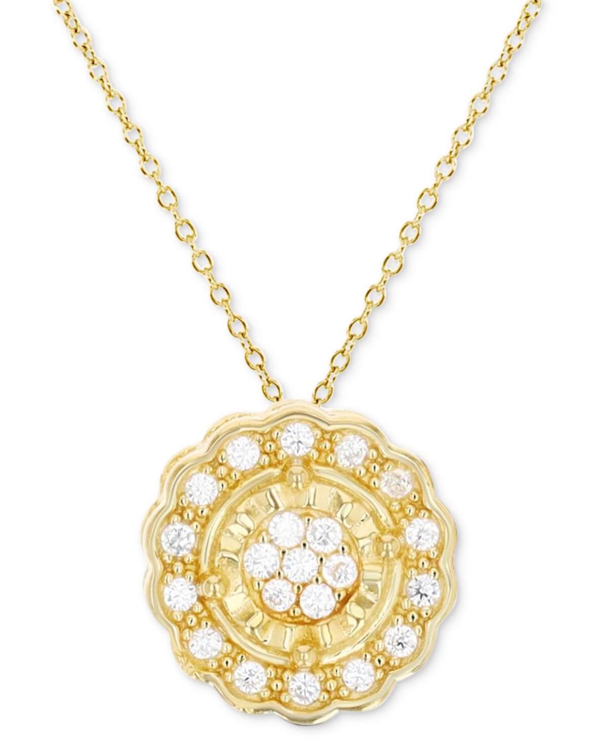 Macy's Cubic Zirconia Circle Halo Cluster 18" Pendant Necklace In 14k Gold-plated Sterling Silver
