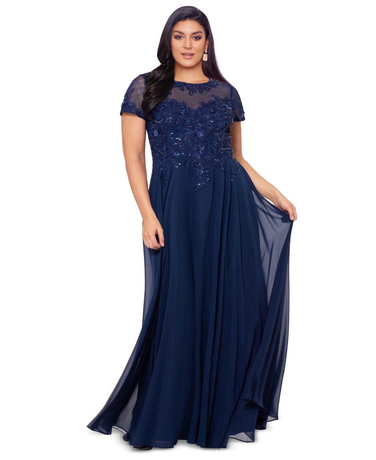 Xscape Plus Size Beaded Chiffon Gown In Navy
