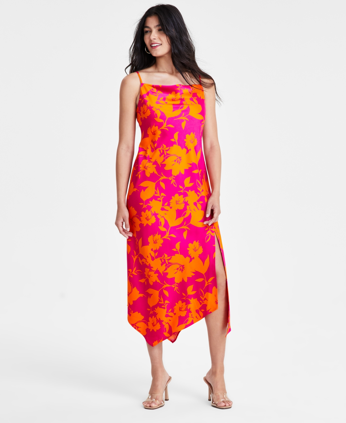 Shop Bar Iii Women's Printed Cowl Neck Asymmetrical-hem Dress, Created For Macy's In Sunst Rose