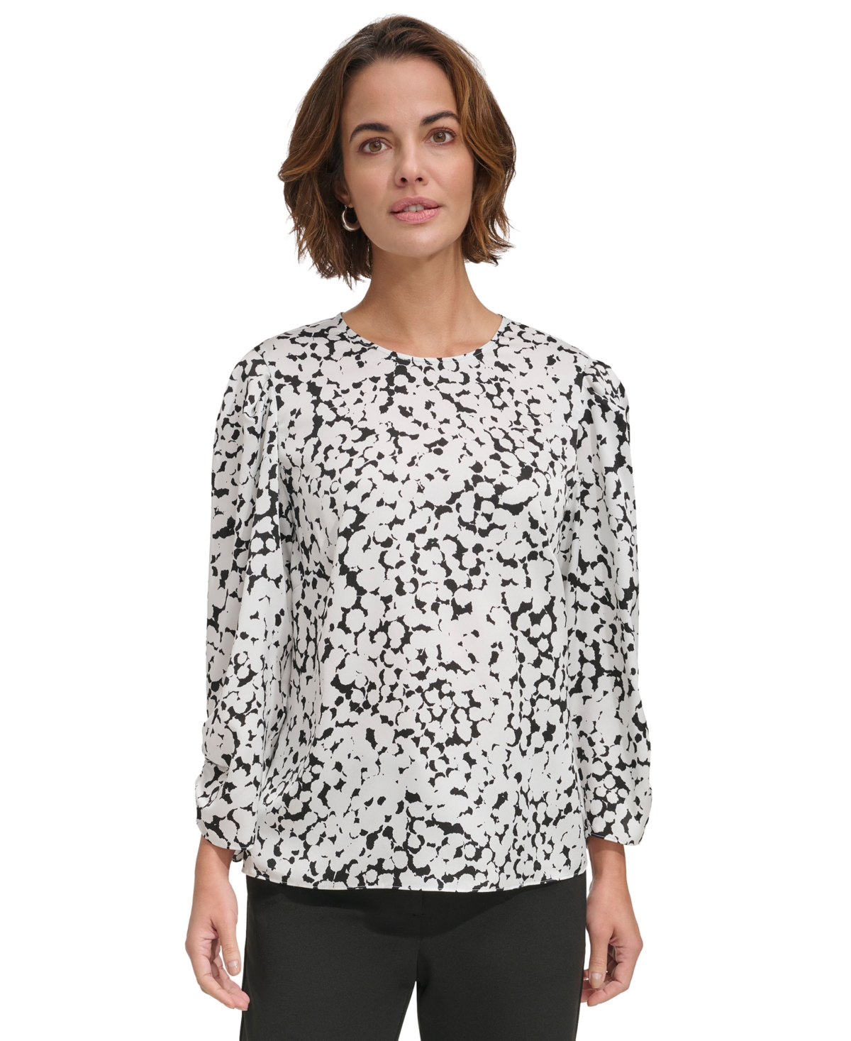 Dkny Women's Printed Ruched-sleeve Crewneck Blouse In Ivory,black