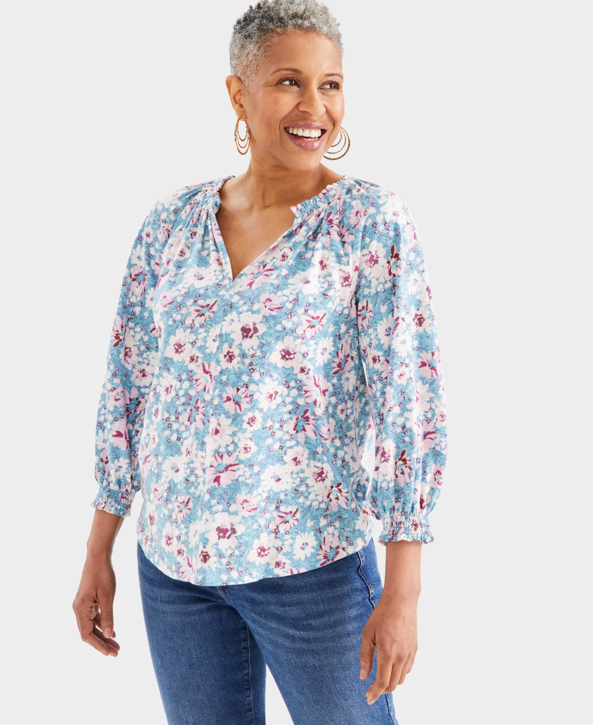 Women's Printed Split Neck Ruffle Trim Long-Sleeve Knit Top, Created for Macy's - Teal Floral
