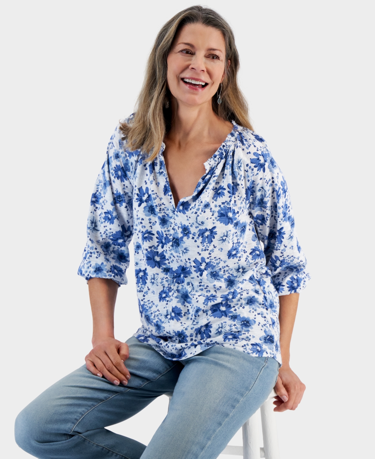 Shop Style & Co Petite Wind Garden Gathered Knit Blouse, Created For Macy's In Wind Garden Bright White