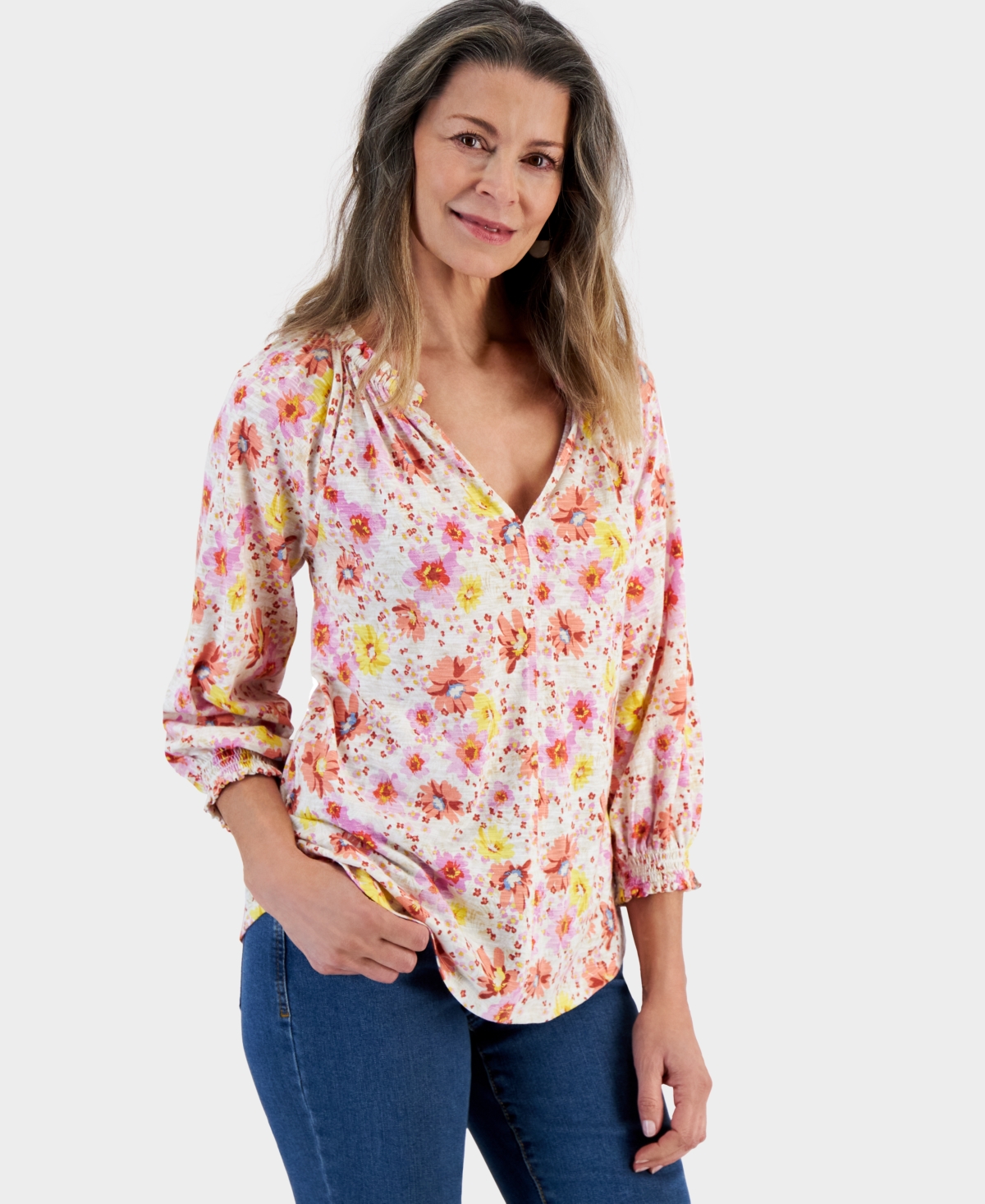 Shop Style & Co Women's Printed Split Neck Ruffle Trim Long-sleeve Knit Top, Created For Macy's In Pink Floral