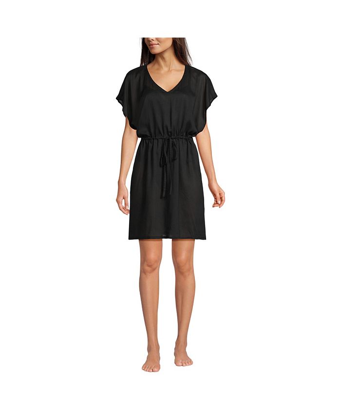 Lands' End Women's Sheer Oversized Short Sleeve Gathered Waist Swim Coverup Dress Macy's