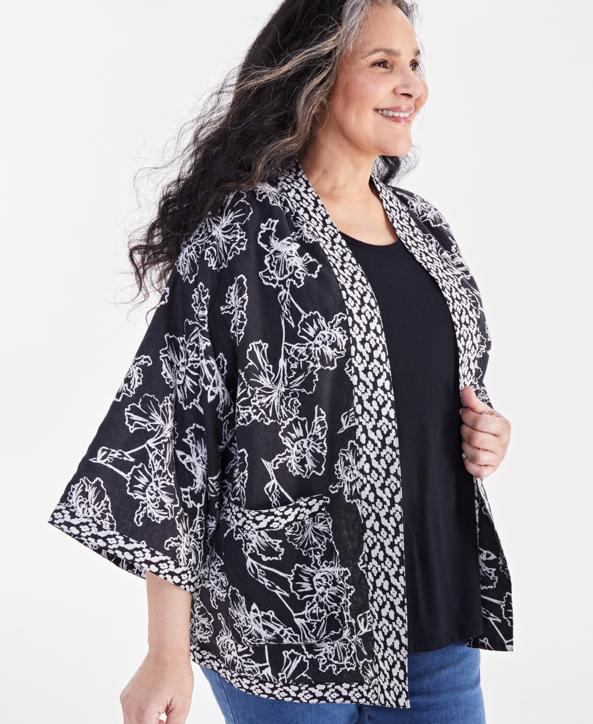 Style & Co Plus Size Linen Blend Reversible Kimono, Created for Macy's