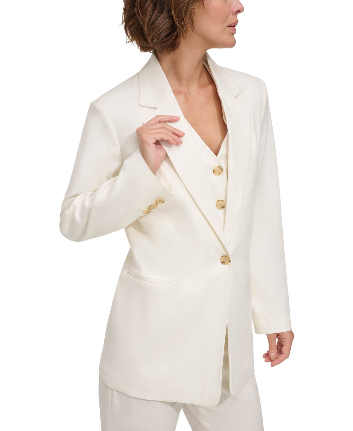 Petite Linen-Blend Shoulder-Padded Single-Button Blazer - Ivory