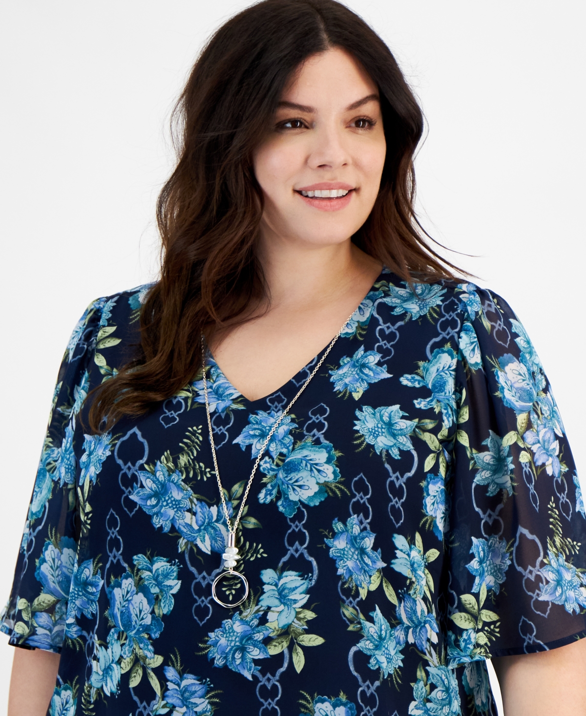 Jm Collection Plus Size Garden Lattice Flutter-Sleeve Top, Created for Macy's