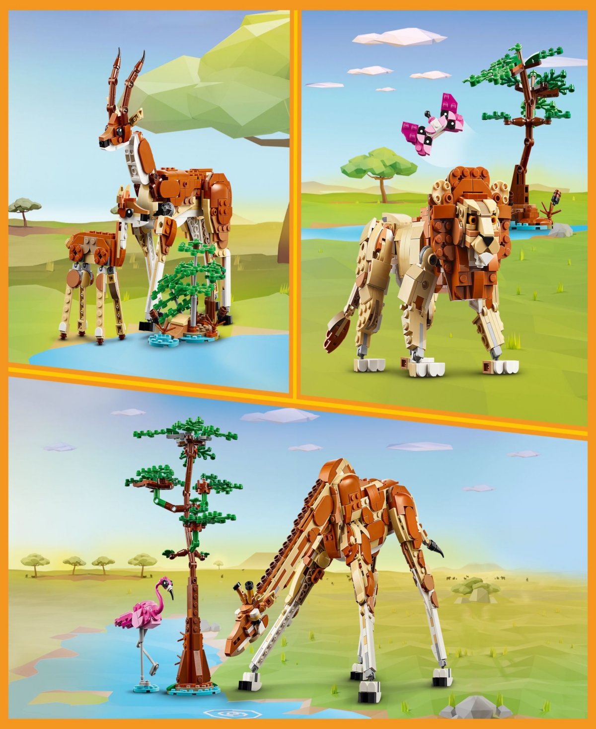 Lego Creator 3 In 1 Wild Safari Animals Set, Giraffe, Gazelles Or Lion Toy 31150, 780 Pieces In Multicolor
