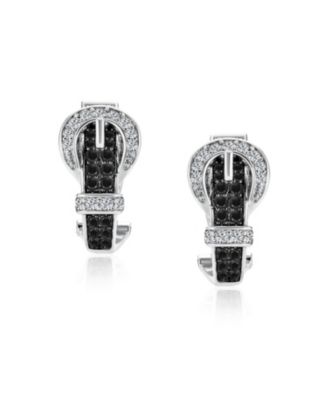 Blue Black Brown CZ Stud Earrings with Pave Cubic Zirconia and 3D Belt Buckle Design