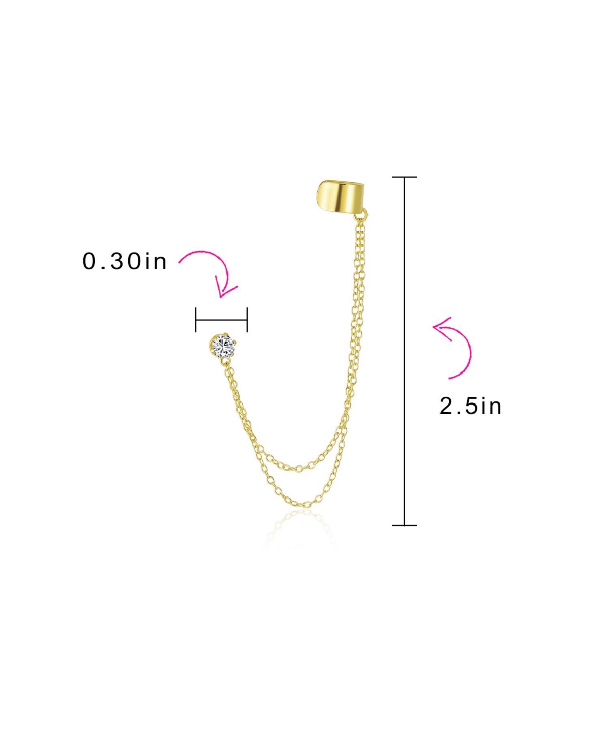 Bling Jewelry Geometric Cartilage Plain Band With Chain Ear Warp Cuff Cz Stud Ear Lobe Earring For Women Yellow Gold Plated Sterling Silver - Gold-ton