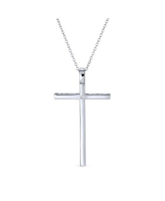 Cubic Zirconia Pave CZ Simple Long Cross Pendant Necklace Sterling Silver 1.75 In With Chain