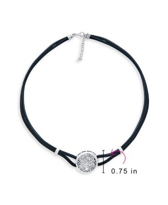 Round Disc Medallion Black Leather Celtic Sun Rising Wishing Tree Of Life Collar Necklace Sterling Silver