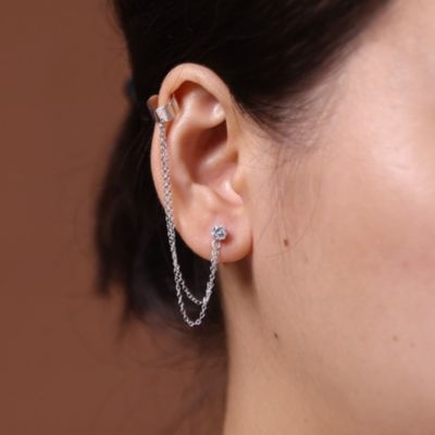 Geometric Cartilage Plain Band With Two Chains Ear Warp Cuff CZ Cubic Zirconia Stud Ear Lobe Earring Rose Gold Plated .925 Sterling Silver