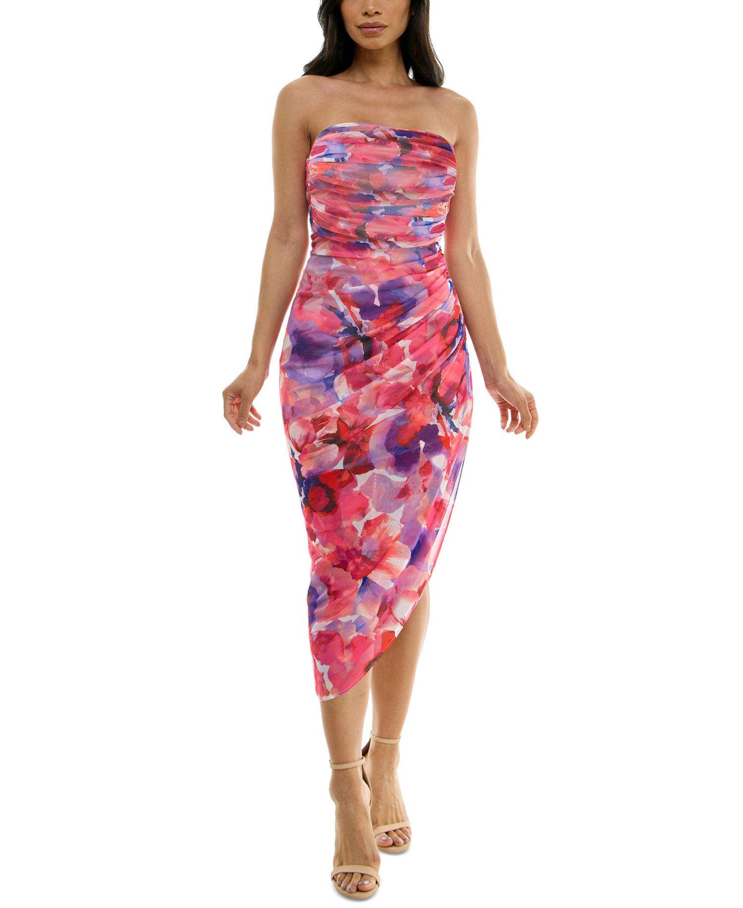 Juniors' Strapless Ruched Mesh Bodycon Midi Dress