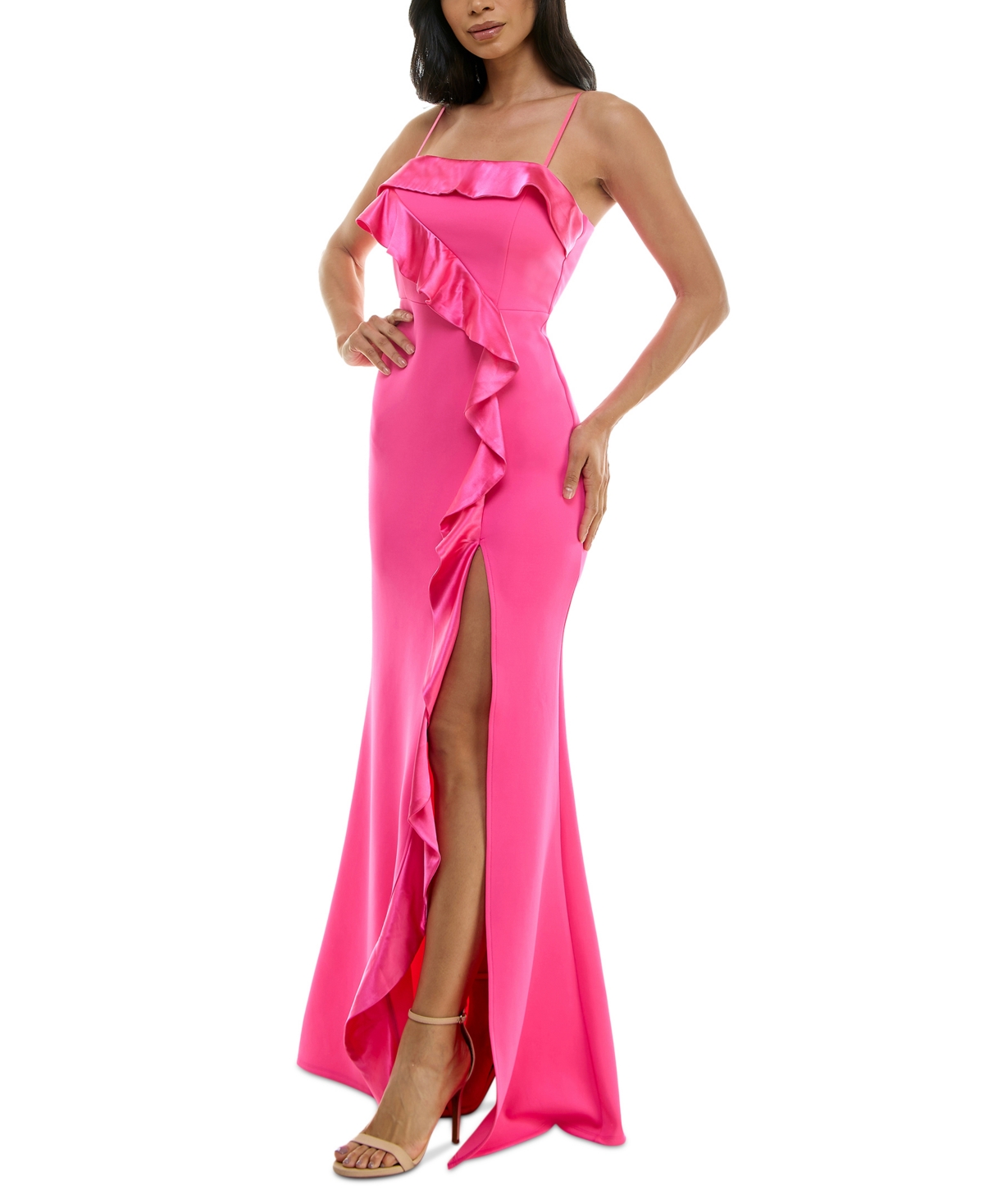 Shop Emerald Sundae Juniors' Ruffled Sleeveless Gown In Hot Pink