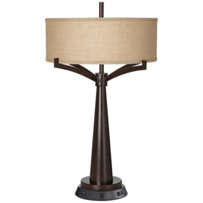 Tremont Industrial Table Lamp 31 1/2" Tall Bronze Metal with Dimmable USB and Power Outlet Burlap Drum Shade for Living Room House