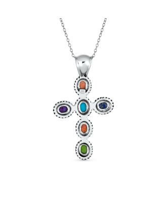 South Western Style Multi Color Stones Bezel Set Cross Pendant Necklace Sterling Silver