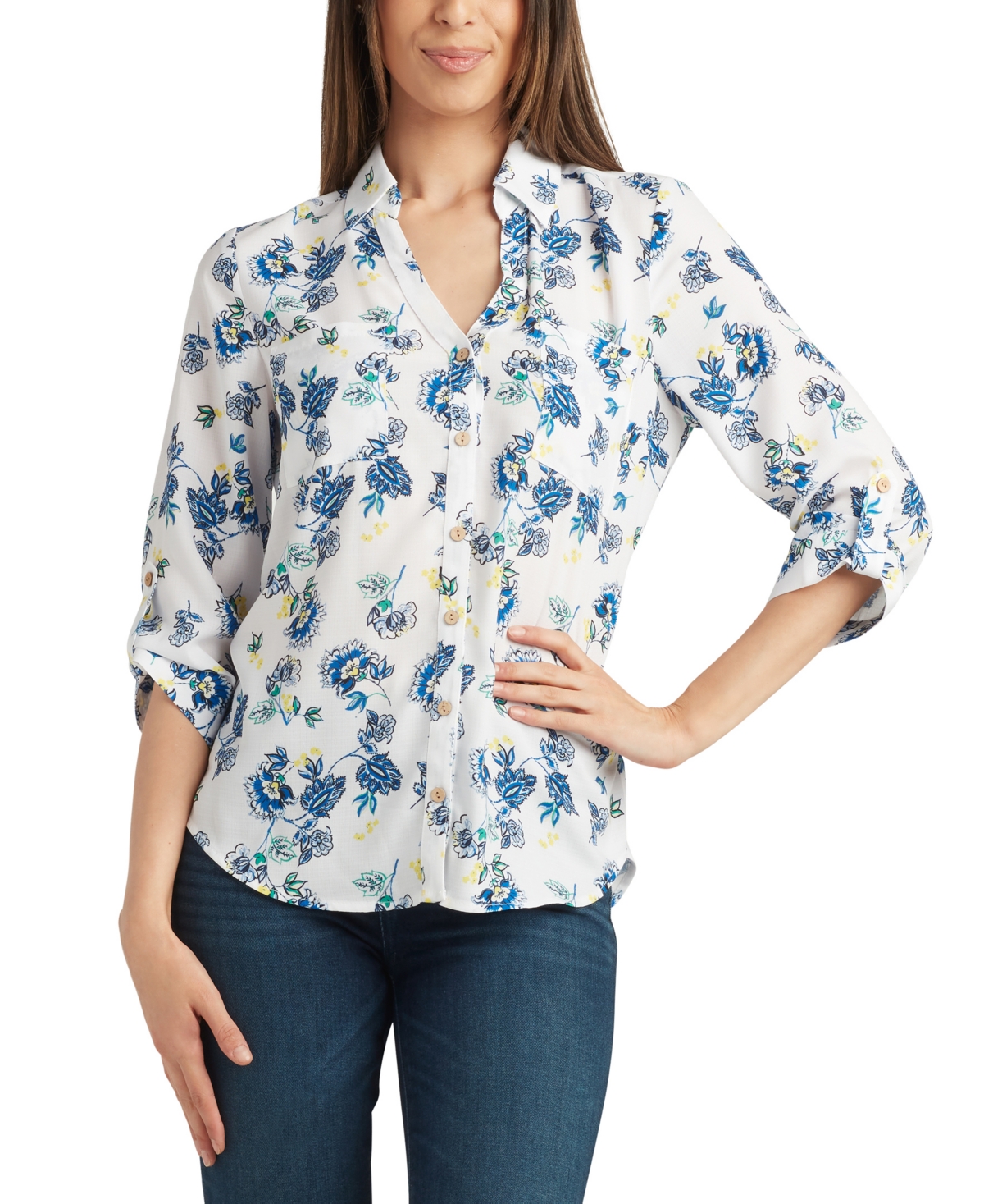 Juniors' Printed Roll-Tab Button-Front Shirt - Blue Floral