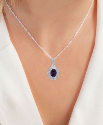 Amethyst (1-1/20 ct. t.w.) & Lab-Grown White Sapphire (1/2 ct. t.w.) Oval Halo Birthstone Pendant Necklace in Sterling Silver, 16" + 2" extender