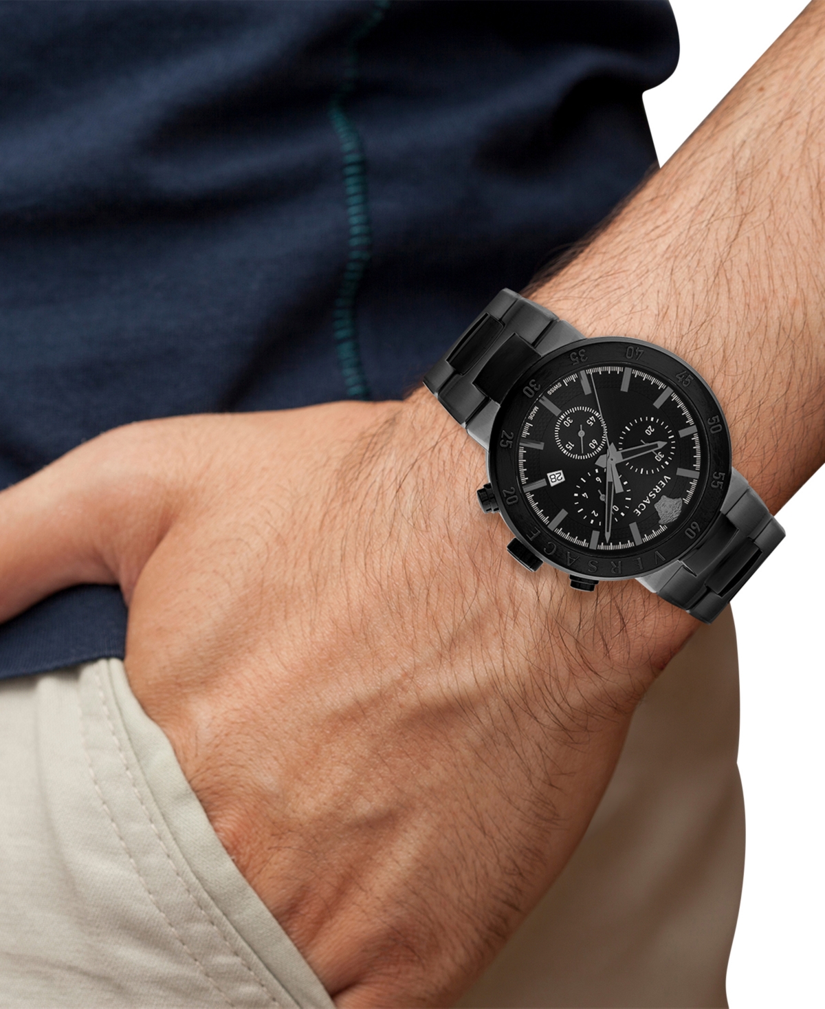 Shop Versace Men's Swiss Chronograph Urban Mystique Black-tone Stainless Steel Bracelet Watch 43mm In Two Tone
