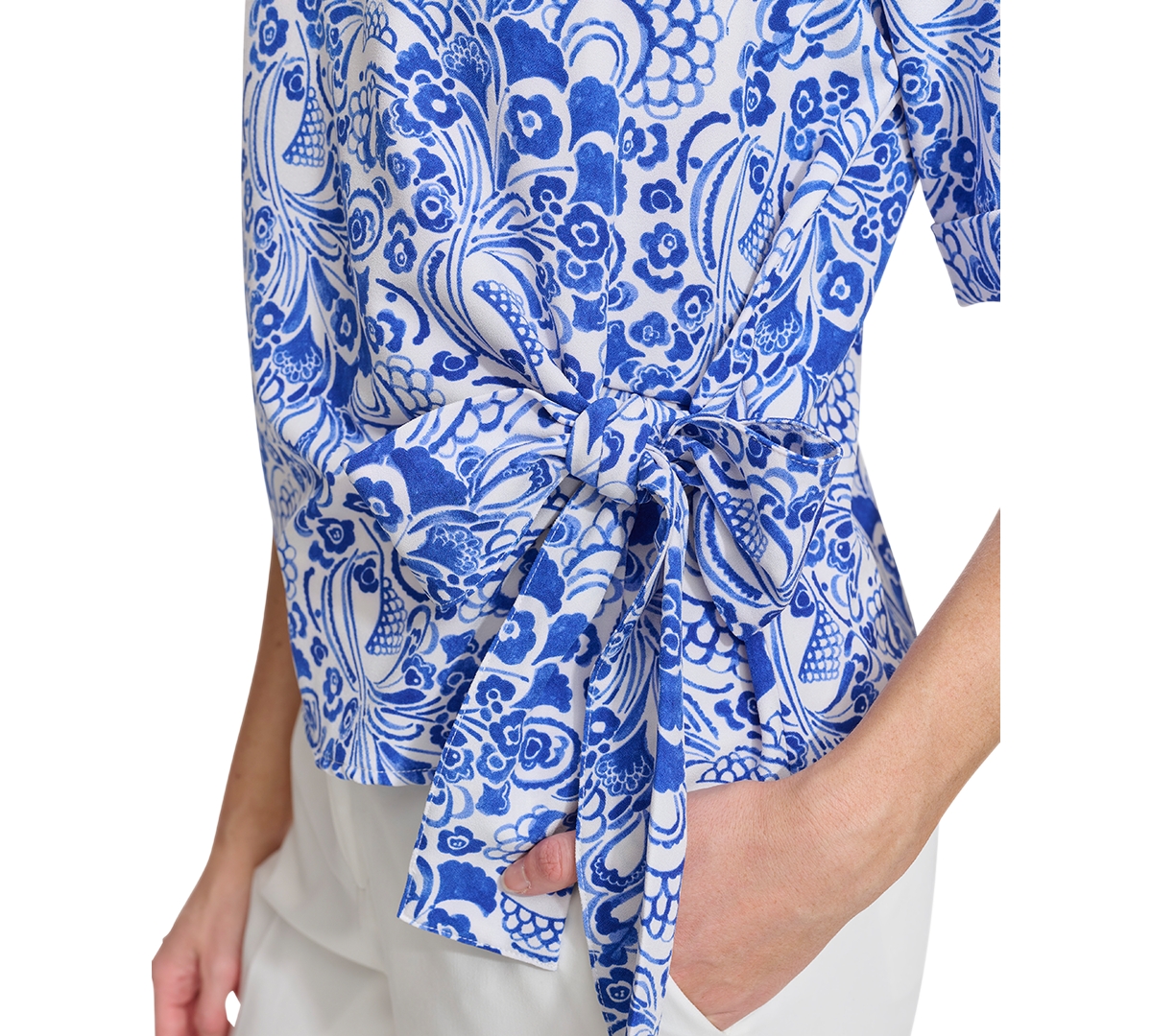 Shop Tommy Hilfiger Women's Side-tie Cuffed-sleeve Blouse In Ivory,midnight