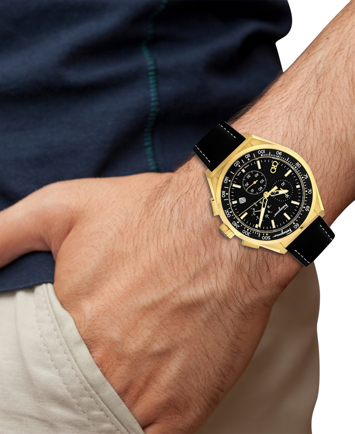 Shop Ferragamo Salvatore  Men's Swiss Chronograph Black Leather Strap Watch 43mm In Gold