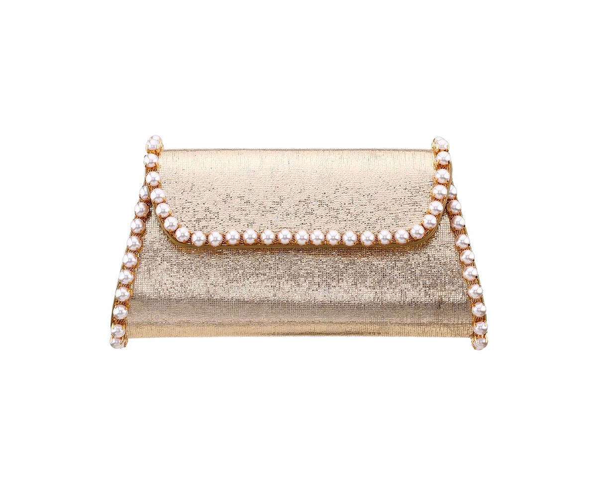 Shop Nina Imitation Pearl Trim Trapezoid Flap Bag In Gold