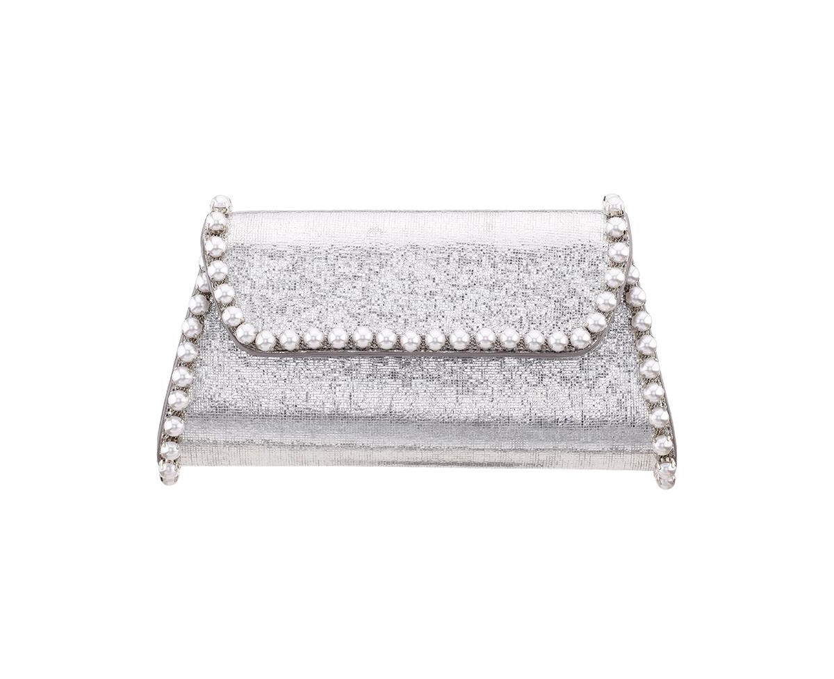 Shop Nina Imitation Pearl Trim Trapezoid Flap Bag In Silver