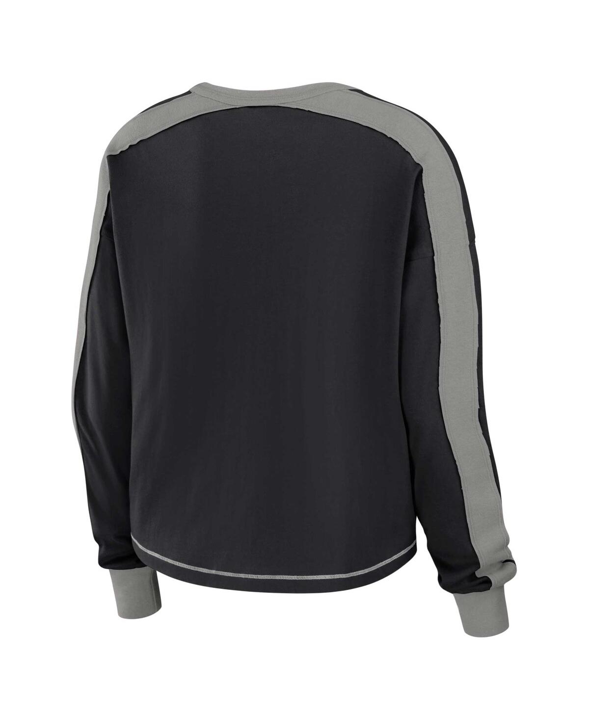 Wear By Erin Andrews Women's  Black, Silver Las Vegas Raiders Color Block Modest Crop Long Sleeve T-s In Black,silver