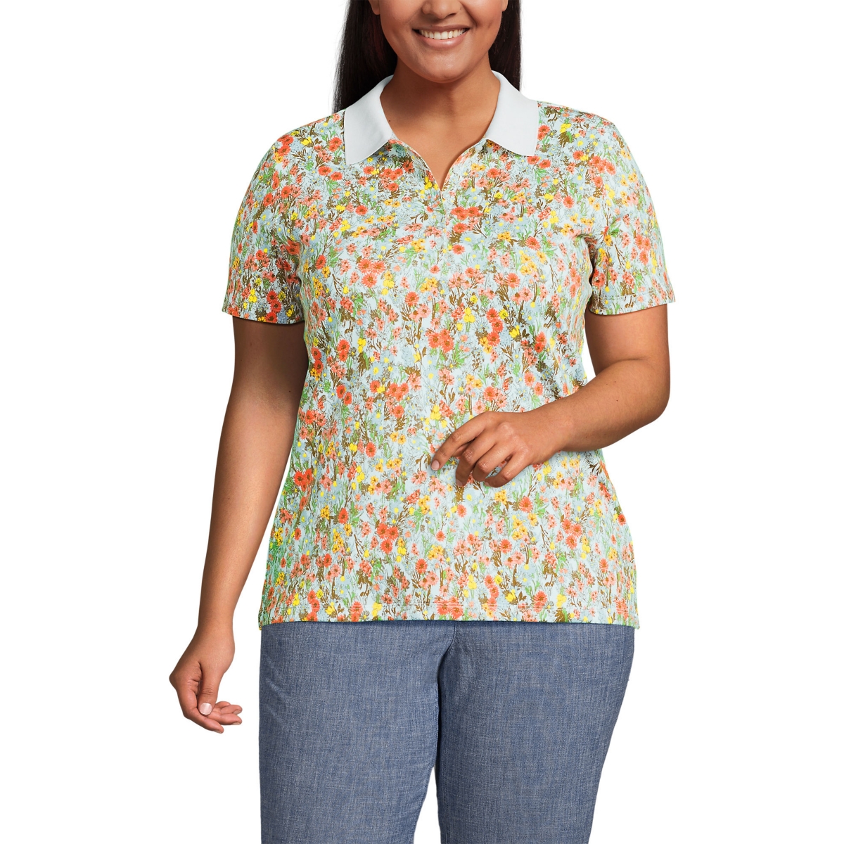 Plus Size Supima Cotton Polo Shirt - White multi field floral