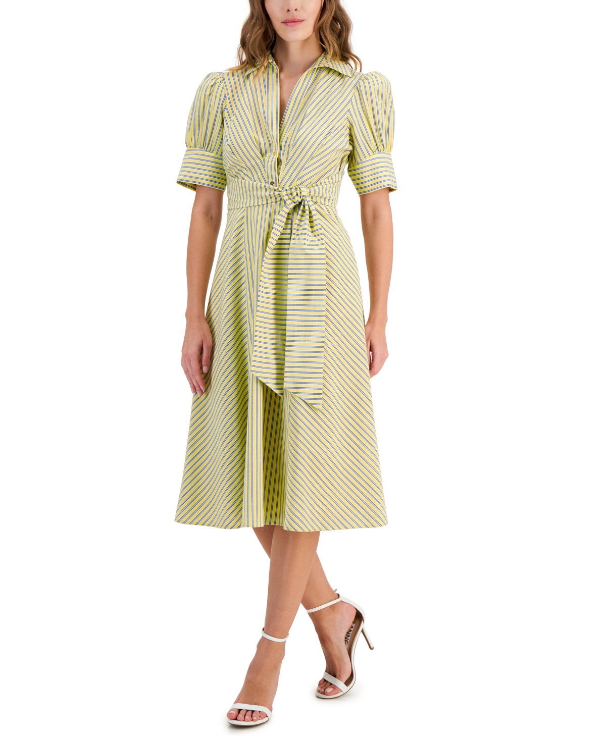 Women's Short-Sleeve Tie-Waist Midi Dress - Lemonade/b