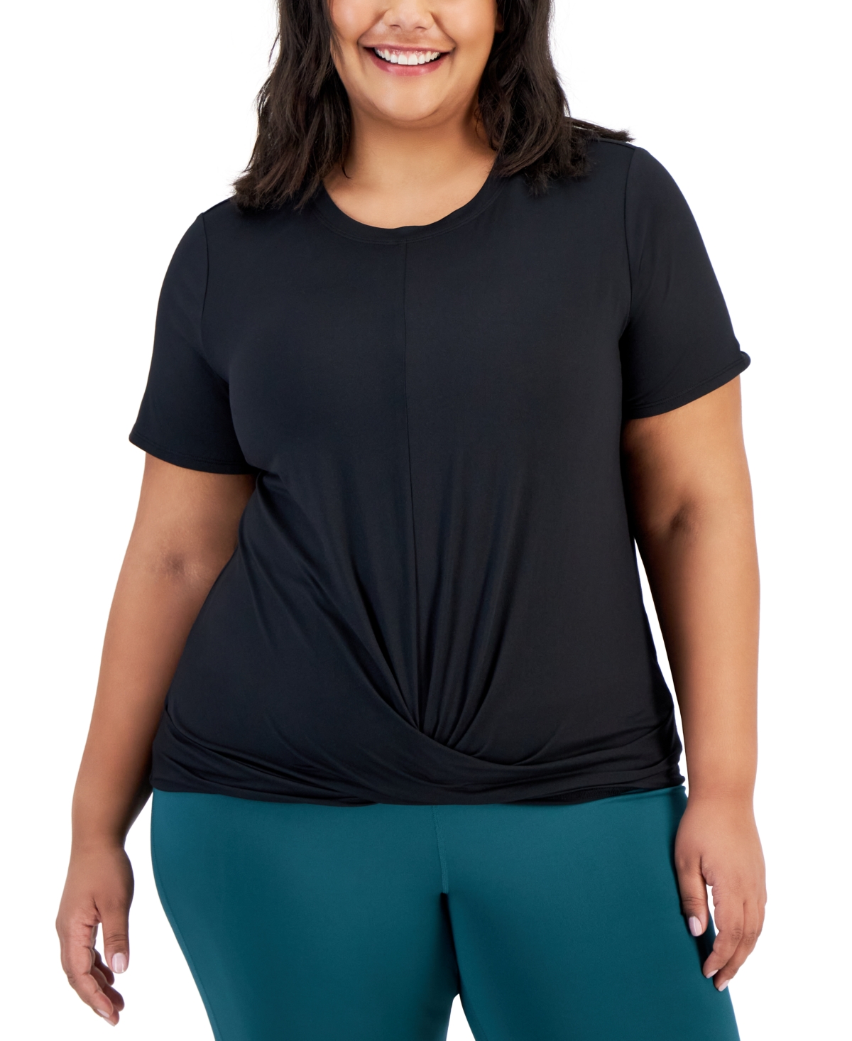 Shop Id Ideology Plus Size Active Solid Twist-front Top, Created For Macy's In Deep Black