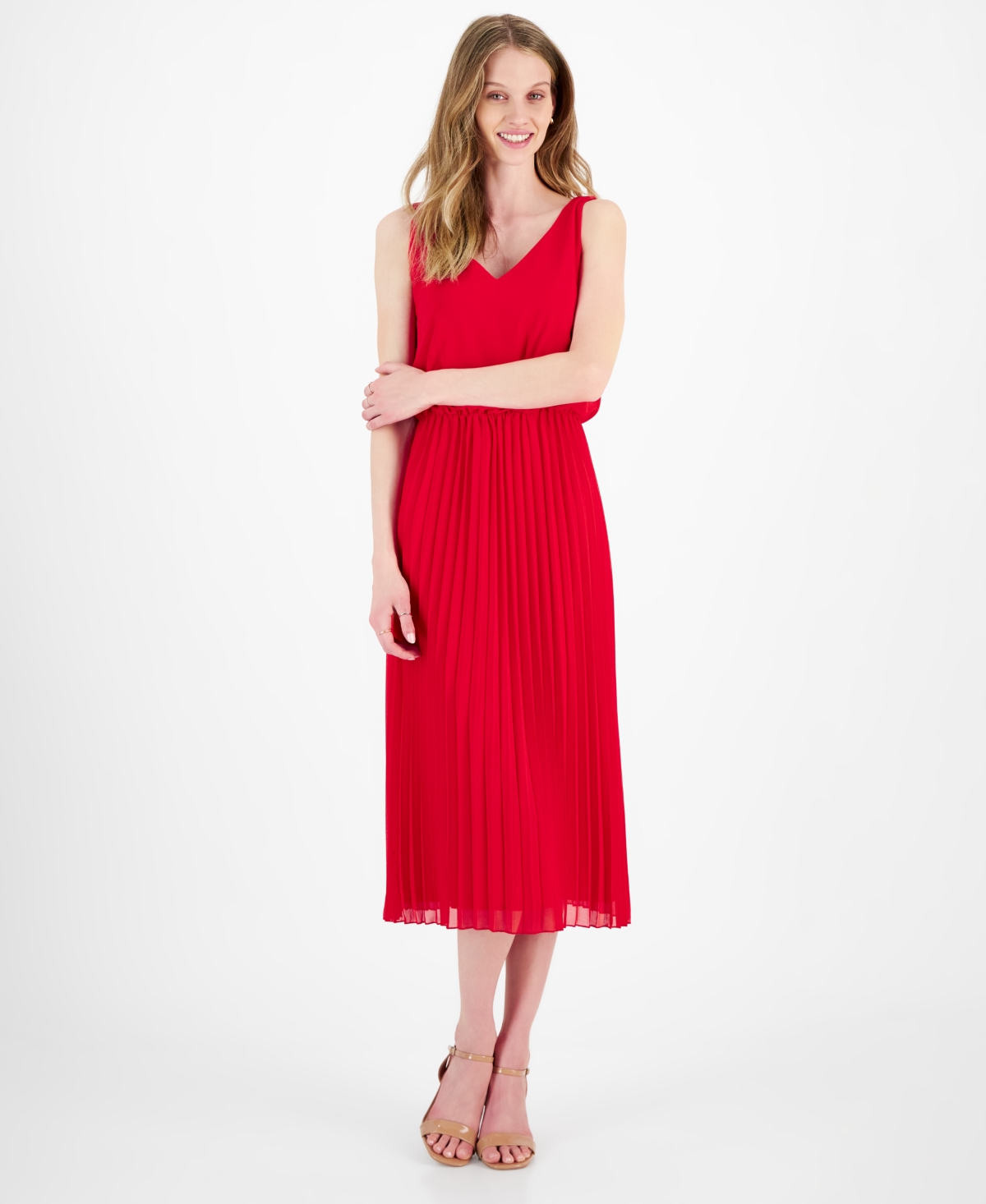 Women's Scoop-Neck Sleeveless Plisse Dress - Coral