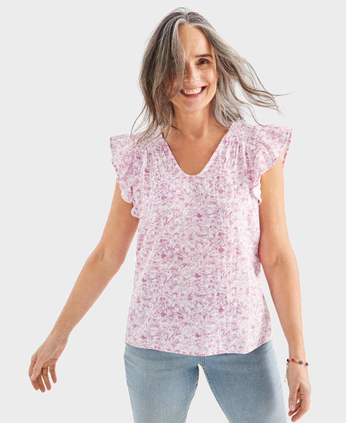 Women's Printed Cotton Gauze Flutter Sleeve Top, Created for Macy's - Windy Lilac