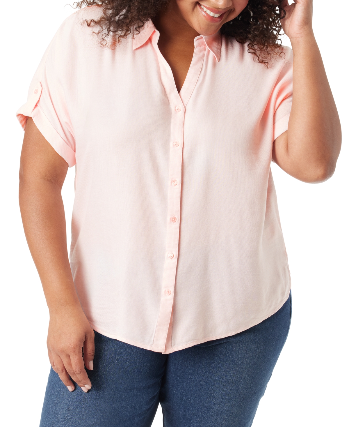 Shop Gloria Vanderbilt Plus Size Demi High-low Roll-tab Shirt In Pink Dogwood