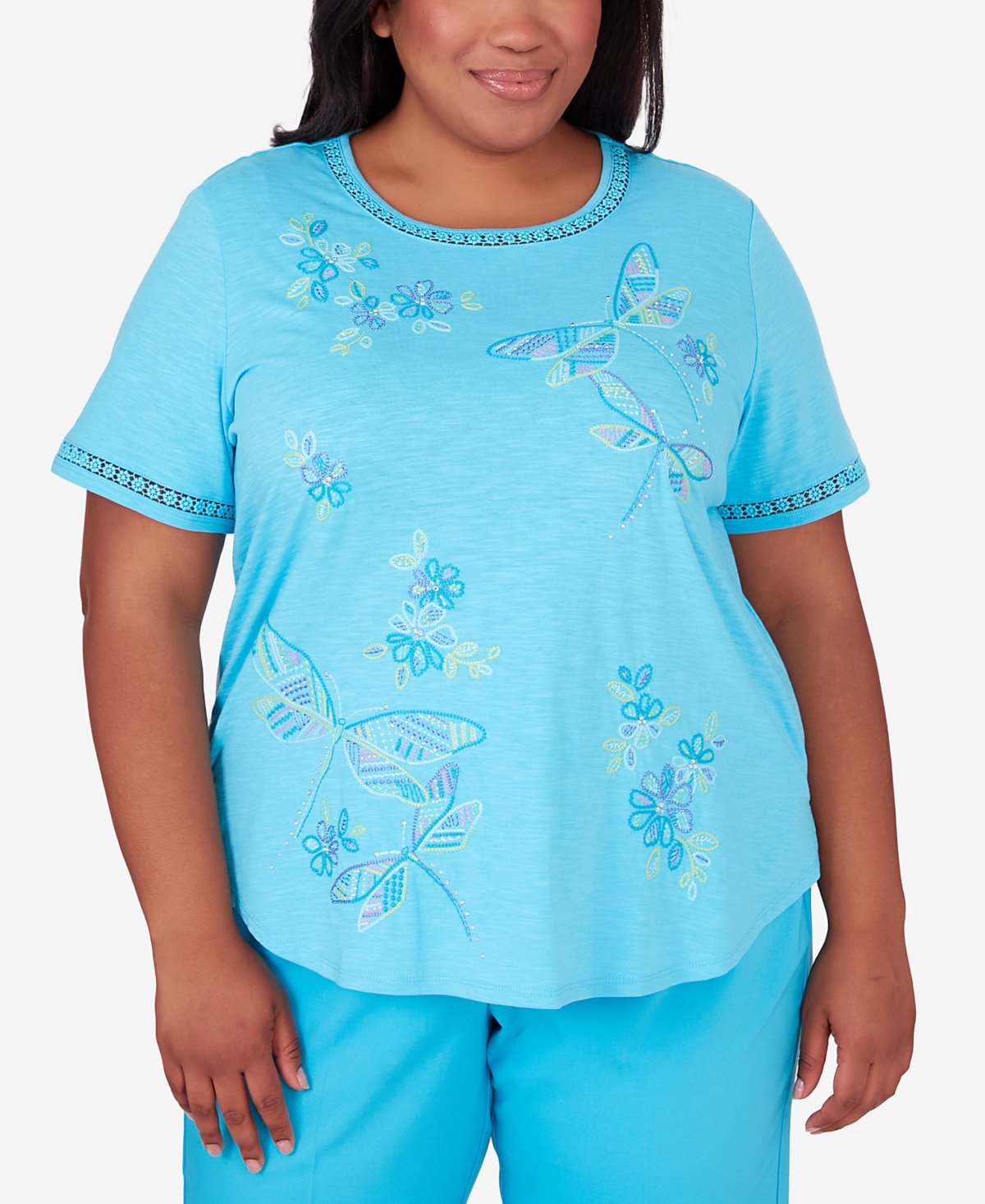 Alfred Dunner Plus Size Summer Breeze Dragonfly Embroidery Top In Aqua