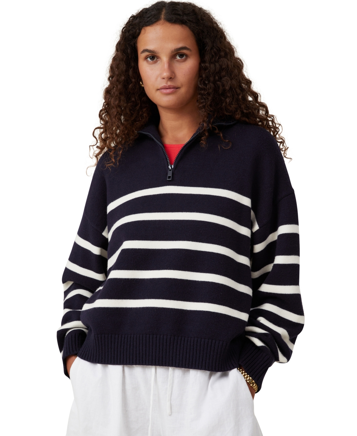 Cotton On Women's Cape Cod Half Zip Knit Sweater In Winter Night,white Stripe