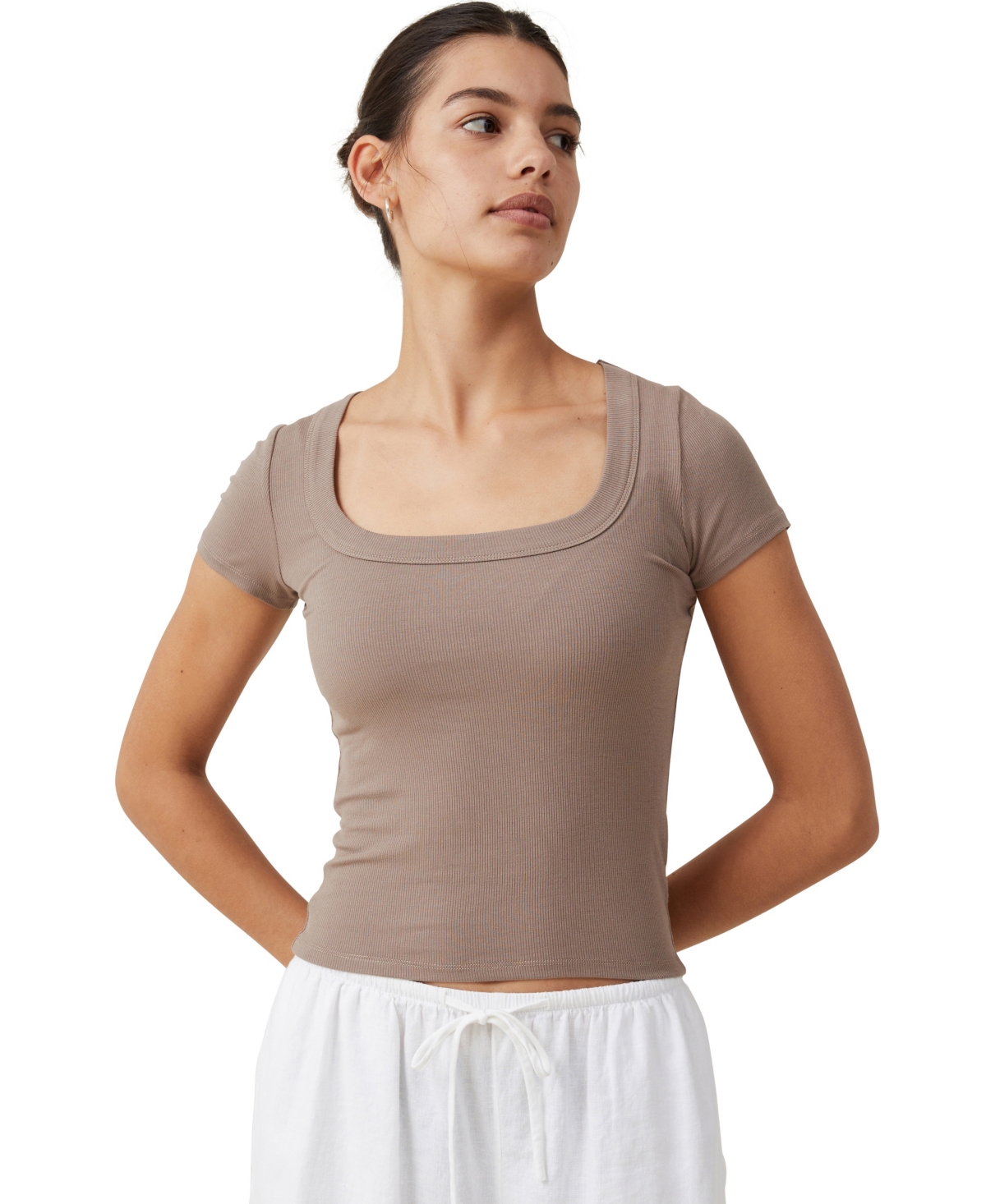Cotton On Women's Staple Rib Scoop Neck Short Sleeve Top In Rich Taupe